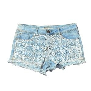 Jou Jou Denim Jean Lace Front Light Wash Frayed Raw Cut-Off Distressed Shorts 7